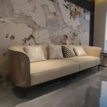 Warm Sand Leather Sofa Set with Natural Wood Veneer & Curved Silhouette